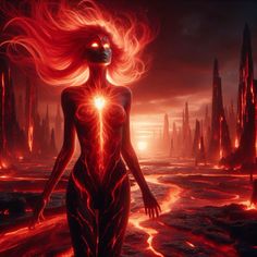 a woman with red hair and glowing eyes stands in front of an alien city at night