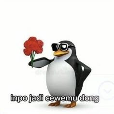 a penguin holding a red carnation flower in its right hand and the caption reads,