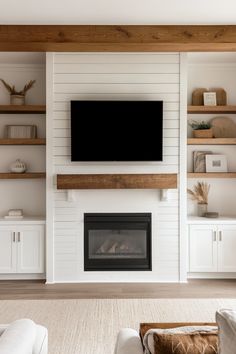 shiplap wall idea for living room Shiplap Rooms Ideas, Wall Build Out For Tv And Fireplace, Fireplace Mantle Shiplap Wall, Tv Wall Mount Ideas Over Fireplace Mantels, Diy Living Room Built Ins With Tv Fireplace, Small Tv Wall Decor, Wall Mounted Electric Fireplace Under Tv Ideas, Fireplace In Small Bedroom, White Shiplap Fireplace With Wood Mantle