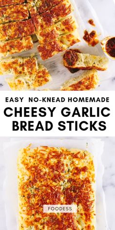 homemade garlic bread is cut into squares and placed on top of each other with the text easy no - knead cheesy homemade garlic bread