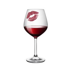 a wine glass with red liquid in the shape of a kiss on it's lips