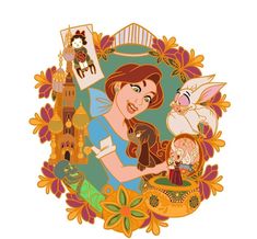 an image of a woman holding a rabbit in front of a castle with other things around her