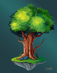 an illustration of a tree with green leaves on top of a small island in the ocean