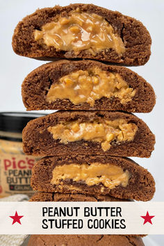 the peanut butter stuffed cookies are stacked on top of each other and ready to be eaten