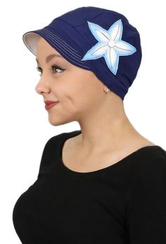 Why settle for the ordinary chemo cap? Our New Whimsy Soft Cotton Caps are designed for the unique needs of stylish women with hair loss. Look like you're wearing a hat because you want to, not because you have to! You won't be standing alone for long in your Blue Moon Whimsy Hat! Rich midnight blue, slightly lighter than navy, with a sweet two-tone felt flower, ivory over light blue with navy top stitching. A classic color combination for year round wear. Cute Baseball Hats, Chemo Beanies, Chemo Gifts, Chemo Headwear, Summer Hats For Women, Sun Protection Hat, Chemo Hat, Sun Hats For Women, Felt Flower