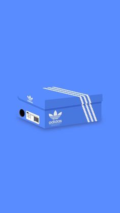 a blue box with white adidas on the front and bottom, sitting against a blue background