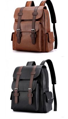 Retro Double Buckle Plus Size 15.6 Inch Laptop Backpack School Bag College Soft PU Backpack Leather Wallet Design, Uni Bag, High School Backpack, School Rucksack, Bag College, School Bag College, Retro School, Retro Backpack, Leather Backpack For Men