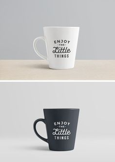 two coffee mugs with the words enjoy little things printed on them, one is black and white