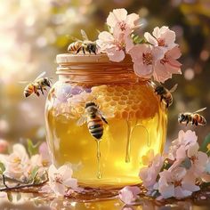 a jar filled with honey sitting on top of a table next to some pink flowers