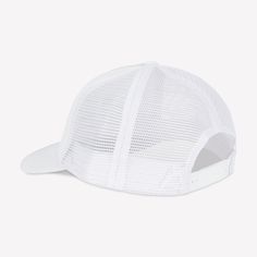 a white baseball cap with mesh detailing on the front and side panel, facing to the left