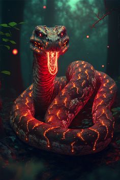 a snake with its mouth open and glowing in the dark