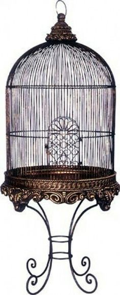 a birdcage sitting on top of a metal stand