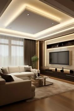 modern living room with white couches and large flat screen tv