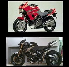 two different views of a red and black motorcycle