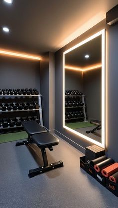 Garage Conversion To Gym, Home Fitness Center Design, Home Studio Gym, At Home Gym In Garage, Gym Wall Mirror Ideas, Garage Gym Decor Ideas, Basement Gym Renovation, Gym Interior Design Ideas Small Spaces, Home Gym Flooring Over Carpet