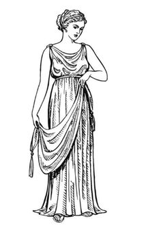 an old fashion woman in a dress with a sash on her head and shoulders, vintage line drawing or engraving illustration