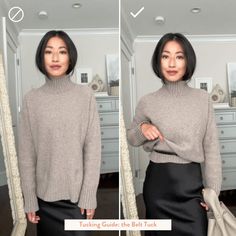 How to tuck a chunky knit sweater Chunky Sweater Skirt Outfit, Sweater Belt Trick, How To Tie A Sweater Over A Dress, Oversized Long Sweater Outfit, How To Tuck A Sweater Over A Dress, Chunky Sweater Over Dress, Turtleneck Over Dress, Sweater With Maxi Dress, Sweater With Slip Dress