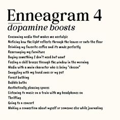 I asked y’all on my stories what your enneagram type was and what gave you a dopamine boost, and I wanted to compile and share the answers 🥰 What’s your type & your dopamine boost?! Also, if u want to join my virtual enneagram webinar & book club this month, u can get tix at the link in my bio/story highlights! 🪄 Enneagram 4 Aesthetic, Enneagram Type 4 Aesthetic, Enneagram Aesthetic, 4w5 Enneagram, Enfp 4w3, Dopamine Boost, Enneagram Type 4