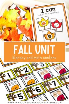 fall themed math centers for kids to practice counting and matching leaves, numbers, and letters