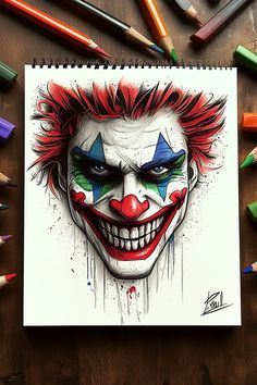 A vibrant and intense easy graffiti drawing of the Joker with bold colors and sharp details. Graffiti Tips, Graffiti Characters Sketches, Graffiti Artwork