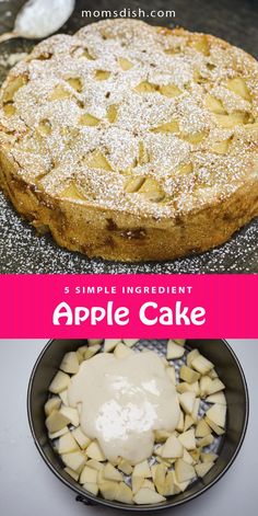 an apple cake with powdered sugar on top, and another photo of the pie