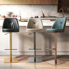 three different colored barstools in a kitchen