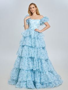 New Blue Printing Layered Ruffles Floral Prom Gown Photo Shoots Dress Outfits YW231128 Layered Prom Dress, Organza Material, Stunning Prom Dresses, Fashion Drawing Dresses, Gown Photos, Perfect Prom Dress, Evening Dresses Cocktail, Photoshoot Dress, Gowns Of Elegance