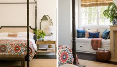 two pictures of a bedroom with four poster bed and colorful pillows on the bedding