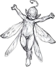 a drawing of a fairy with her arms outstretched and legs spread out in the air