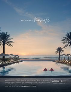 two people are sitting in the middle of an empty swimming pool with palm trees on either side