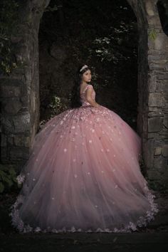 an image of a woman in a pink ball gown with flowers on her dress and the caption explore