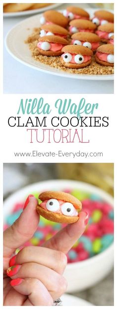 a hand holding up a cookie with googly eyes on it and the words nite wafer clam cookies