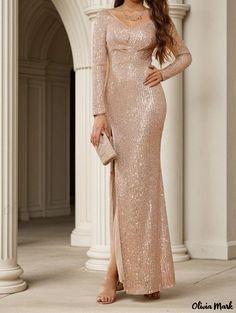 Olivia Mark - Sequin Dress with Long Sleeves and Slim Fit Collar for Weddings and Formal Events Champagne Dresses, Sleeveless Collared Dress, Purple Bodycon Dresses, Evening Gala, Bodycon Dress Formal, Halter Bodycon Dress, Sequin Evening Gowns, Deep V Neck Dress, Sequin Formal Dress