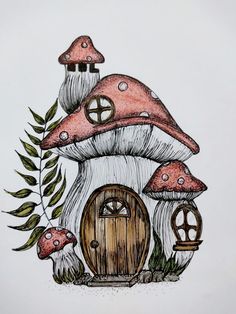 a drawing of a mushroom house with mushrooms on it