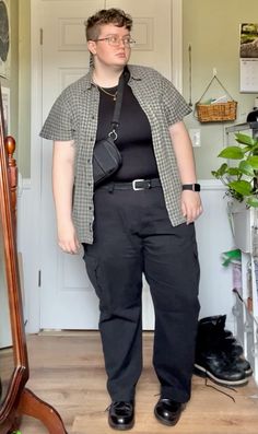 first date look 👀  #transmasculine #fat #plussizeoutfits #fatbutch #fattrans #outfits #fatoutfit Enby Outfits Work, Gender Neutral Outfits Plus Size, Masculine Outfits For Women Plus Size, Fat Butch Fashion, Masc Lesbian Outfits Plus Size, Mid Size Masc Outfits, Masc Plus Size Outfits, Butch Fashion Plus Size, Plus Size Masc Outfits