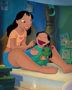 an animated image of a woman holding a baby in her lap while sitting on a bed