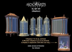 the hogwarts set is shown in three different sizes and colors, including an aquarium