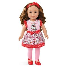 Watch your child play for hours with the My Life As Poseable Hello Kitty Baker 18" Doll. This Doll's outfit features a pink apron with an adorable Hello Kitty screenprint and a scattered bakery-inspired print, a white t-shirt with red ruffle sleeves, pink leggings with a red Hello Kitty bow on the outside of each ankle, a red headband, and red flats. She also has baking accessories to complete her look! Designed with beautiful hazel eyes and with arms and legs that move, your child will have a b Brunette Hair Brown Eyes, Red Hello Kitty, Loving Family Dollhouse, Rest Time, Hello Kitty Bow, Pink Apron, Red Headband, American Dolls, Barbie Stuff