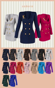 several different colored jackets with gold buttons on them