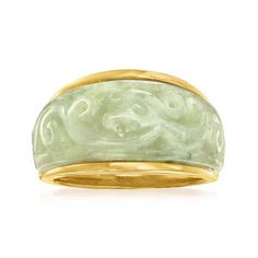 Ross-Simons - Carved Jade Ring in 18kt Gold Over Sterling. Size 7. With its gorgeous signature hue and calming aura, jade is a favorite among style seekers. On this ring, 23x10mm jade is beautifully carved and set in polished 18kt yellow gold over sterling silver with glossy prominent borders that add a classic look. 1/2" wide. Jade ring. Brown Diamond Ring, Double Hoop Earrings, Lapis Ring, Carved Jade, Family Jewellery, Jade Earrings, Natural Gold, Black Onyx Ring, Jewelry Essentials