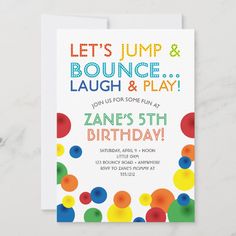 a birthday party card with the words let's jump and bounce on it