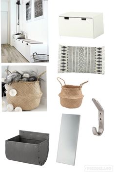 a collage of white and gray items including baskets, mirror, towel rack, door handles