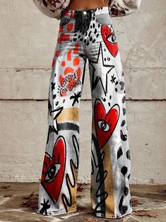 Pantalones anchos casuales con estampado vintage para mujer Mode Ulzzang, Painted Clothes Diy, Casual Wide Leg Pants, Painted Clothes, Romper With Skirt, Mode Vintage, Spiritual Journey, Diy Fashion, Vintage Prints