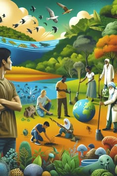 a painting of people working in the park