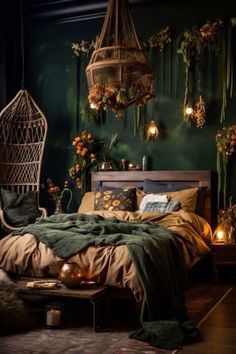 a bedroom decorated in green and brown with wicker hanging from the ceiling, lights on the bed