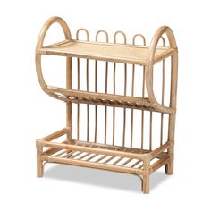 a bamboo magazine rack with two shelves on each side and one shelf attached to the back