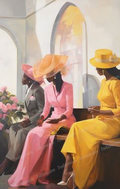 three women sitting on a bench in front of a window wearing yellow hats and dresses