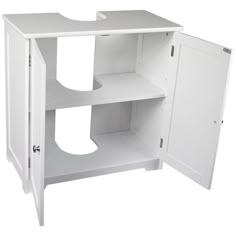 an open white cabinet with shelves and doors