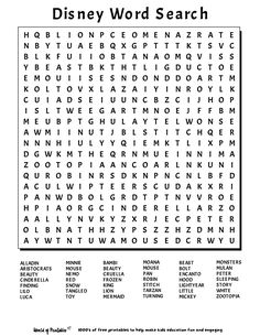 the disney word search is shown in black and white