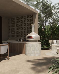 an outdoor kitchen and dining area is shown in this 3d renderer image from the outside